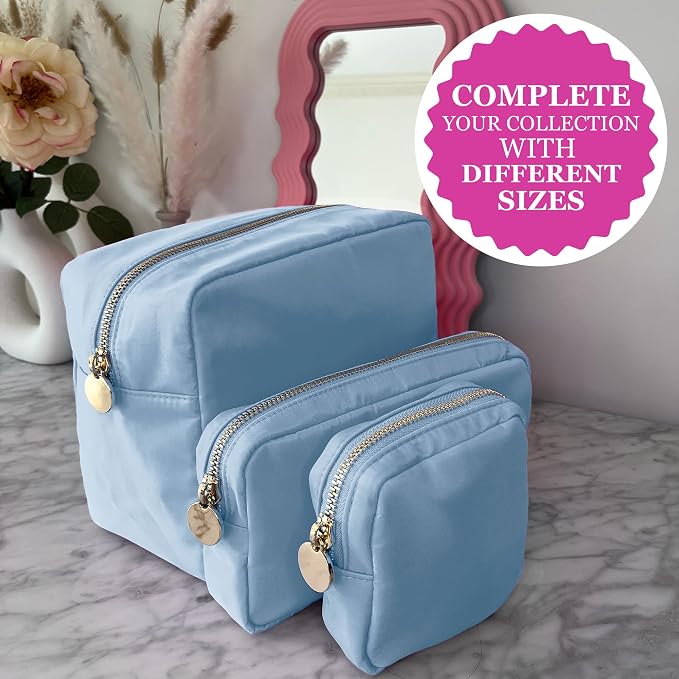 3-Piece Makeup Bag Set: Mini, Small & Large Cute Travel Toiletry Bags for Women & Girls (Light Blue)
