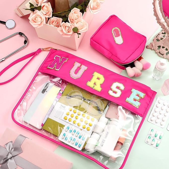 Hillban 2 Pcs Nurse Week Gift Makeup Cosmetic Bag Nurse Appreciation Gift for Women Clear Chenille Letter Bag Toiletry Zipper Pouch Waterproof Travel Purse Survival Kit Medical Accessories