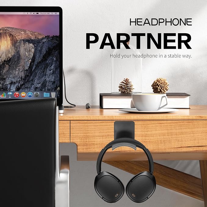 YAODHAOD Headset Hanger Holder Wall Mount, Sticky Headset Stand Holder Clip Under Desk for All Headphone/Controller (Black,Wall-Mounted)