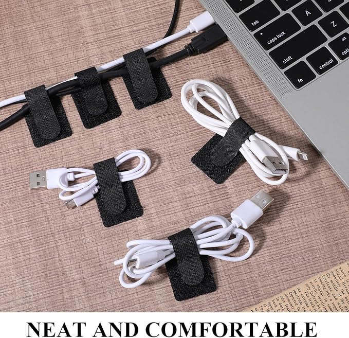cobee 60 Pcs Hook and Loop Cable Ties, Under Desk Cable Management Reusable Wire Organizer for Cords Adhesive Cables Clips Adjustable Sticky Cord Organizer for Home Office Desk(3 x 9cm, Black)