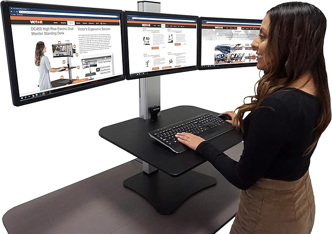 Victor DC475 High Rise Electric Triple Monitor Standing Desk Converter | Three Large Monitor Sit-Stand Desk | 28??Wide Work Surface | Compatible with Any Standard Desk | Adjustable Monitor Holder