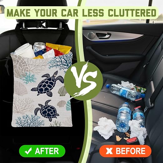 Car Garbage Bag Ocean Turtle Coral Shells Hanging Canvas Car Trash Bag Waterproof Drawstring Car Back Seat Organizer for Car Back Front Seat Console with Adjustable Buckle