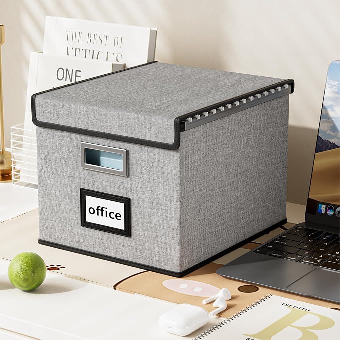 Collapsible File Storage Organizer Boxes with Lids, Portable Large Linen Hanging Filing Storage Boxes, Decorative Home/Office Filling System for File and Folder Storage (Grey)-2 Pack