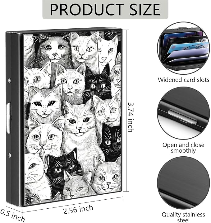 Credit Card Holder, Black White Art Cat Design Mini RFID Blocking Aluminum Wallet Slim Metal Hard Case Shell Travel Wallet ID Case Small Credit Cards Case Business Cards for Women Men Girls