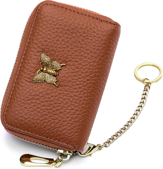 imeetu RFID Credit Card Holder for Women Genuine Leather Card Case Wallet with Zipper and Removable Keychain (Brown)