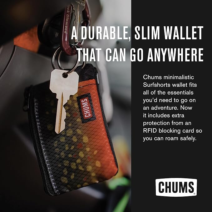 Chums Surfshorts Wallet - Lightweight Slim Wallet with RFID Blocking Card & Clear ID Window - Zippered, Water Resistant w/Key Ring