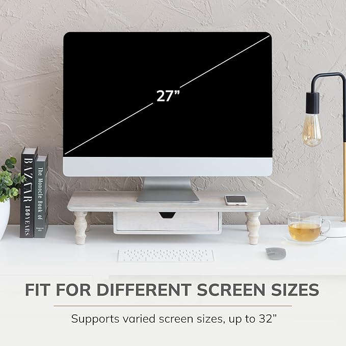 Anji Mountain Monitor Stand - Desktop Organizer & Laptop Riser, Ergonomic Monitor Riser, Space-Saving Monitor Stand for Desk, Durable Construction, Easy Assembly, Ideal for Home & Office,White Wash