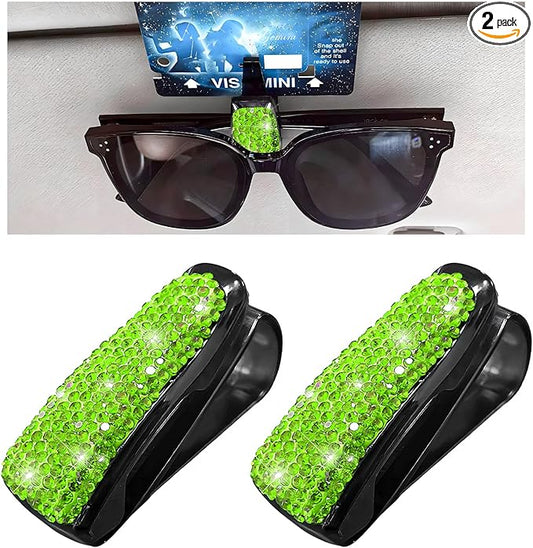 Dickno 2 PCS Bling Sunglasses Holder for Car Sun Visor, Crystal Rhinestones Eyeglasses Hanger Mount with Ticket Card Clip, Universal Vehicle Visor Decor Accessories for Women (Light Green)