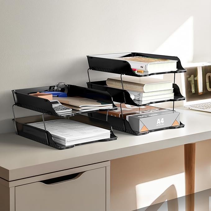 Simple Houseware 2-Tier Stackable Letter Tray Organizer – Desktop File Holder for A4/Letter Size Paper, Document Sorter, Office Desk Paper Organizer, Black