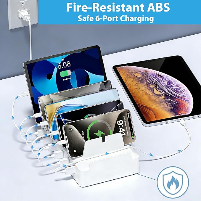 Charging Station for Multiple Devices, 6 Port USB Desktop Charger Dock Compatible with iPad, Samsung, Android, Tablet, Family Multi Phone Charging Organizer with Divider Holders, Fireproof ABS (White)