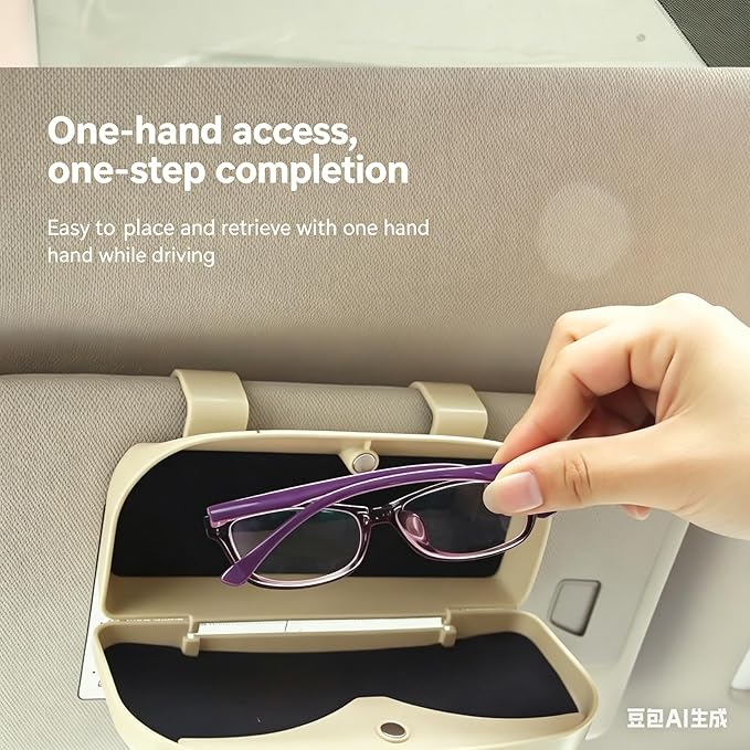 Car Sun Visor Glasses Holder, Magnetic Closure Sunglasses Storage Case with Visor Clip, Beige, One-Hand Access
