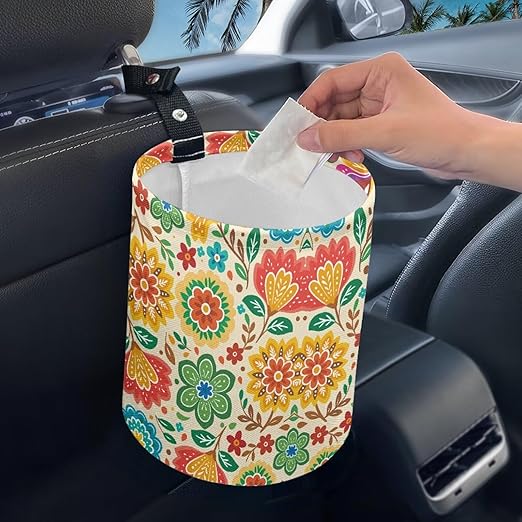 Tropical Rainbow Flowers Car Trash Can Collapsible Auto Waste Basket Container with Adjustable Strap Waterproof Auto Storage Box Travel Accessories