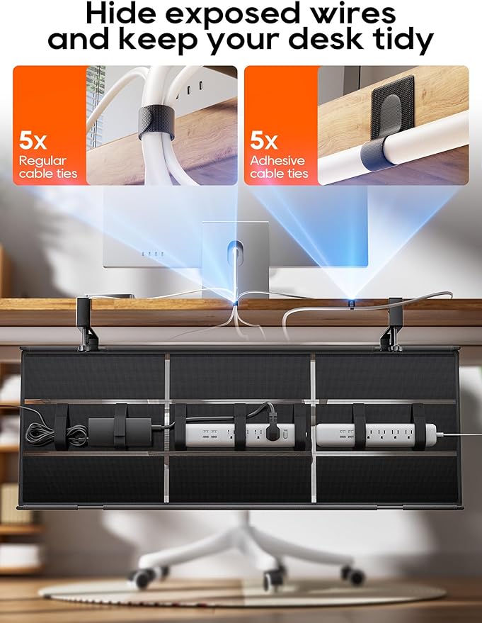 Under Desk Cable Management Tray No Drill, Cable Ties Included, Eco-Friendly Canvas Material, Mesh Design for Heat Dissipation, Cable Organizer/Storage for Standing Desk(39inch, Black)