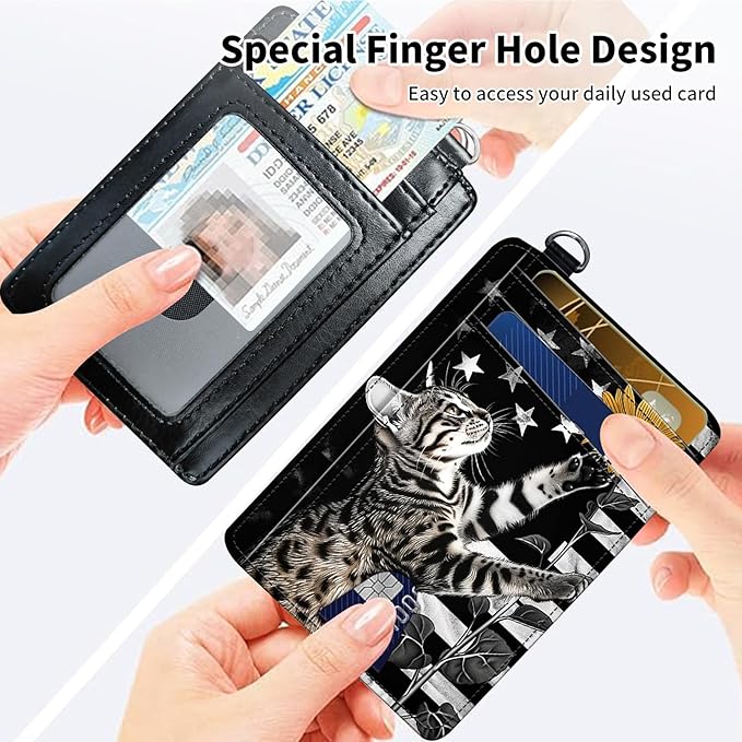 Slim Minimalist Front Pocket Wallet,Credit Card Holder Wallet for Women Men,RFID Blocking Credit Card Holder Case Leather Cute Small Thin Wallet ID Window&Wrist Strap,Flag Cat Sunflower