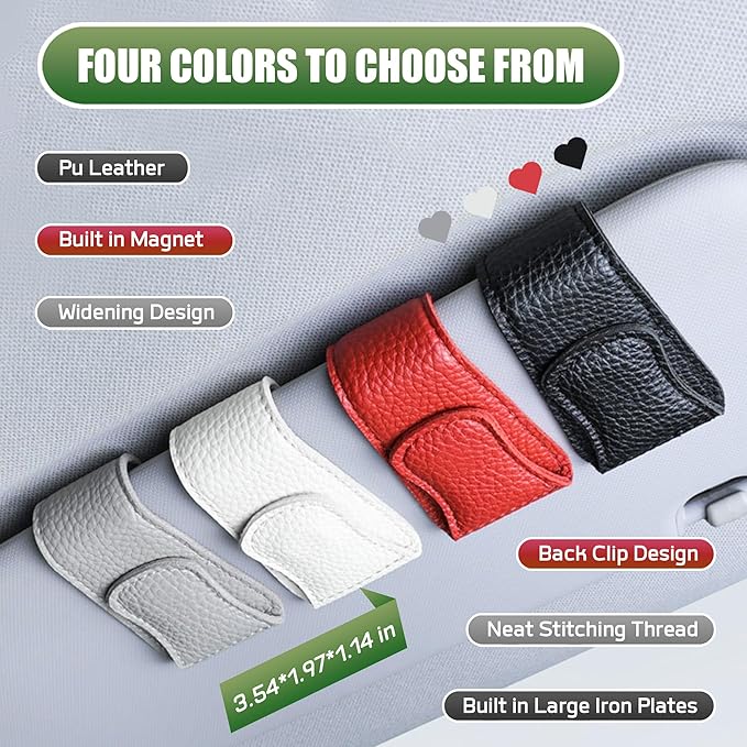 2 Packs Sunglasses Holders for Car Visor, Magnetic Leather Glasses Eyeglass Hanger Clip for Car, Ticket Card Clip Sunglasses Mount, Sunglass Organizer for Auto Accessories (Black)