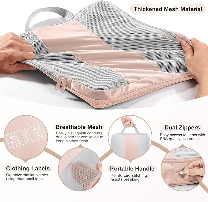 8 Set Compression Bags for Travel Essentials,OlarHike Clothes Organizer Bags for Closet,Compressible Expandable Bags for Suitcase,Handy Helper for Organizing Clothes(Cream)