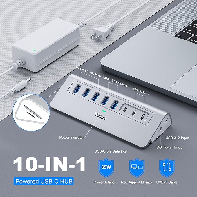 Powered USB Hub 10Gbps, intpw YH6AC Plus 10 Port USB 3.2 Hub(USB A/USB C 3.2+3 USB-A 3.0+2 PD 45W Fast Charging Ports+SD/TF Card Reader), 65W Power Adapter,Aluminum USB HUB for PC,Laptop,iPhone 17/16