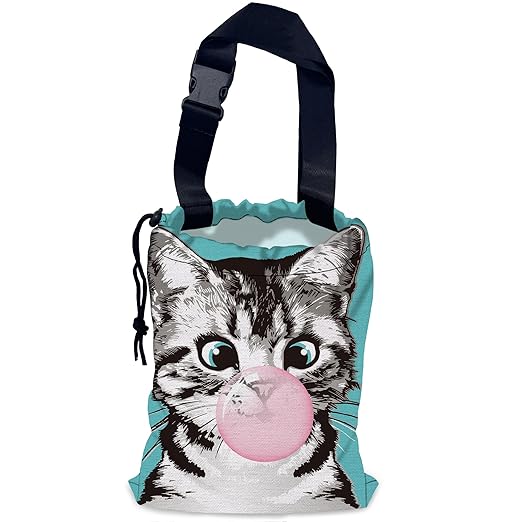 Cute Cat Car Trash Bag,Kitten Blow Bubble Gum Hanging Drawstring Car Garbage Bag,Waterproof Canvas Car Back Seat Organizer with Adjustable Buckle,for Vehicles,SUVs,Camping,Road Trips