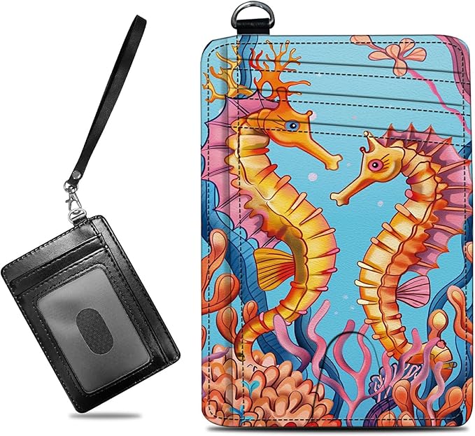 Small Travel Wallets, Seahorse Slim Minimalist Front Pocket Wallet with Wristlet, RFID Blocking PU Leather Credit Card Holder with ID Window Change Purse for Men Women