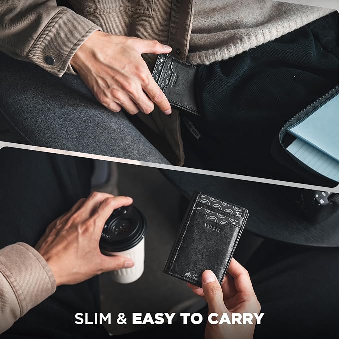 VULKIT Credit Card Holder RFID Blocking Slim Leather Front Pocket Mens Wallet Bank Card Holder Quick Access with 10 Slot and Money Band for Bills or Receipt, Palm-Size Wallet, Black, 10.9 x 7.3 x 1.6