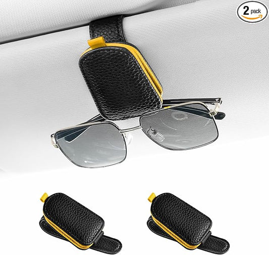 SINGARO Sunglasses Holder for Car, Leather Magnetic Buckle Sun Visor Sunglass Clip, Ticket Card Storage Glasses Clip, Car Interior Accessories for Men and Women（2PCS Black-Yellow）