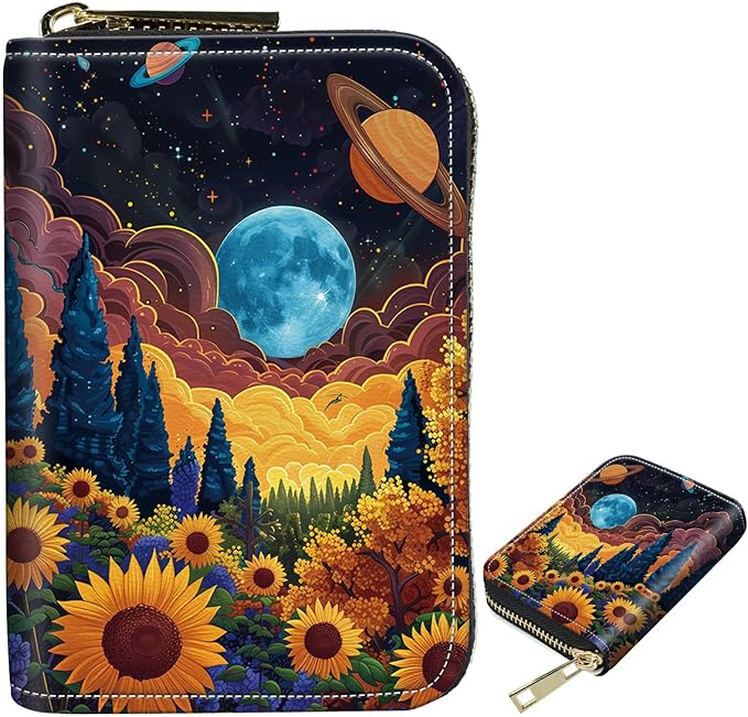 Cute Credit Card Holder with Zipper, Starry Sunflowers Cosmic Planet RFID-Blocking Card Case Small Wallet for Women Men, Multi-slot Card Organizer Case Travel Accordion Wallet