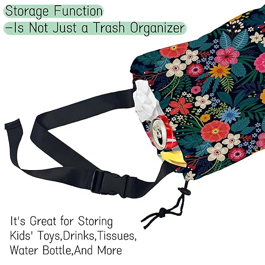Colorful Flowers Car Garbage Bag,Waterproof Small Car Trash Bag Hanging Back of Seat,Drawstring Hanging Car Trash Bag with Adjustable Buckle for Car Accessories