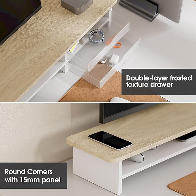 Fenge Dual Monitor Riser with Drawer & 4 Tier Desktop Organizer, Oak