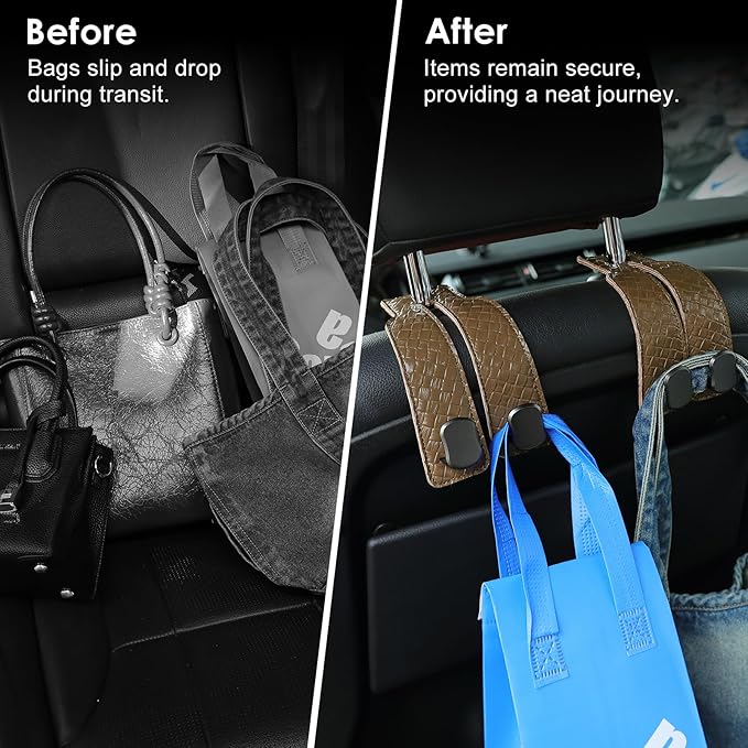 KINIVA Car Seat Headrest Storage Hooks, Set of 2, Suede PU Leather, Double Hooks (07-Khaki)