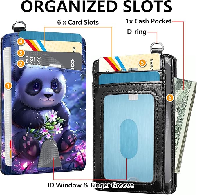 Slim RFID Blocking Card Holder Wallet with Wrist Strap - Minimalist Front Pocket Wallet, Lovely Panda Design, PU Leathe, for Men & Women, Ideal for Travel & Gifts