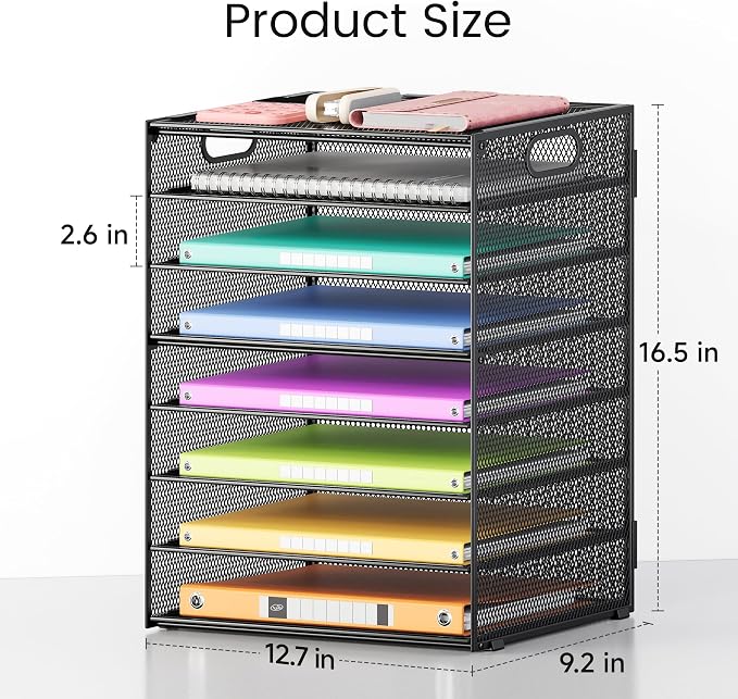 Lavatino 2 Pack 8-Tier Office Desk File Organizer, Letter Tray Paper Organizer with Handle, Including 5 Adjustable Slide Trays for Organizing Desktop Workspace Accessories and Supplies (Black Mesh)