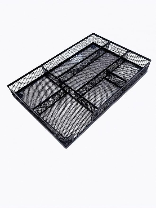 Desk Drawer Organizer tray, Mesh Drawer Organizer Tray for Office, School or Home Supplies Desktop Storage Stationery,bathroom,kitchen, 6 Compartments, 12.6 x 8.27 x 1.57 inch, Black