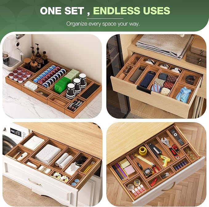 9-Pack Solid Wood Junk Drawer Organizer, Modular Desk Drawer Tray & Accessories with Non-Slip Pad, Multi-Use for Kitchen, Office, Bedroom Dresser, Utensil, Makeup, Stationery, Tea Bags & Coffee Pod