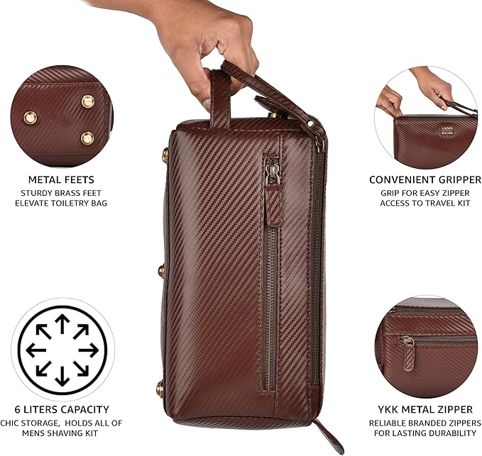 LEATHER VILLAGE Genuine Carbon Fiber Genuine Leather Travel Toiletry Bag - Large Dopp Kit, Water-Resistance Bathroom & Shaving Organizer for Men & Women - Brown