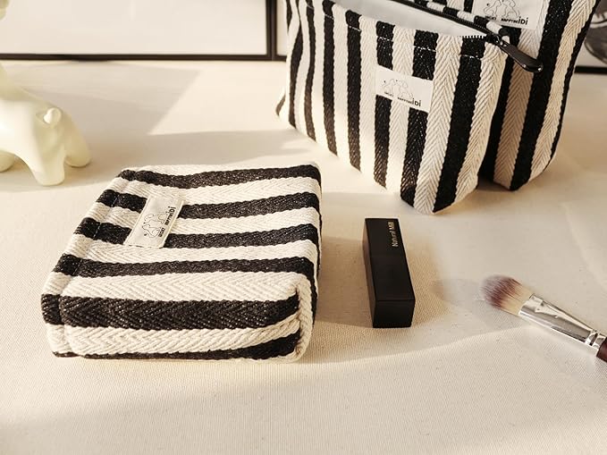 HAPPYHEIDI Black White Stripe Makeup Bag Set 3 with Compartment Cosmetic Toiletry Travel Pouch,Purse Accessory Organizer, 3-Size, Canvas Lined