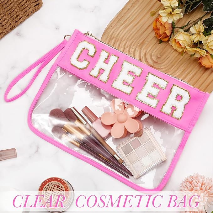 Abbylike 12 Pcs Snack Bags Clear Chenille Letter Cheer Zipper Pouch Waterproof PVC Large Travel Makeup Cosmetic Storage Organizer Bag for Mom Team Cheerleaders Teacher (Multicolor)