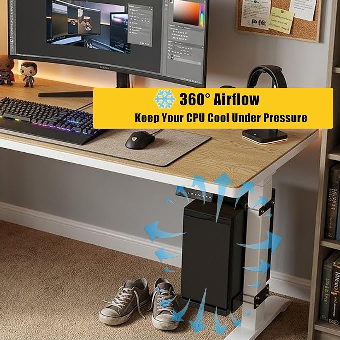 Under Desk PC Mount for Standing Desk, No Drilling Clamp-On CPU Holder with 10 Cable Clips, Heavy Duty Adjustable Computer Tower Stand Fits Most PC Cases up to 44lbs, Universal Gaming Desk Mount