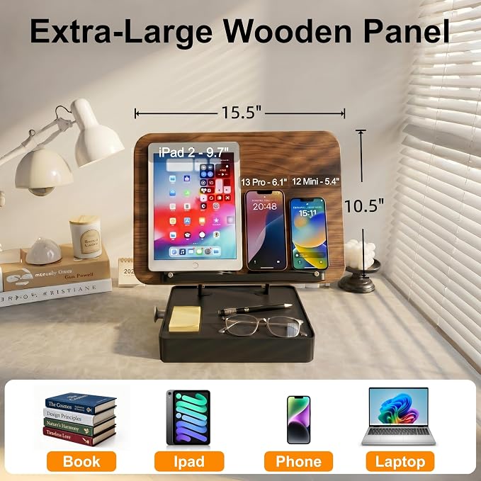 Book Stand with Storage Drawer, Adjustable Wooden Reading Stand for Desk, Ergonomic Height & Angle Book Holder for Textbooks, Cookbooks, Art Sketching (Walnut Finish, 10.5" x 15.5" XL Panel)