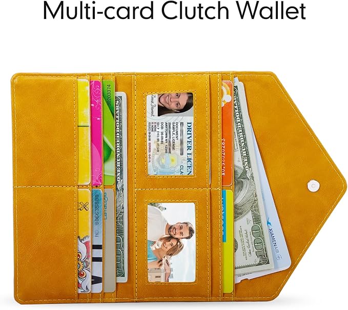 RFID Credit Card Holder Wallets, Envelop Style, Vegan Leather, 2 ID Windows, 1 Coin Pocket, Long Clutch, Ginger