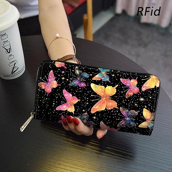 RFID Blocking Leather Wallet for Women – Large Capacity Zip Around Clutch with 8 Card Slots,23 Cash Pockets & Coin Zipper,Colorful Butterfly Art