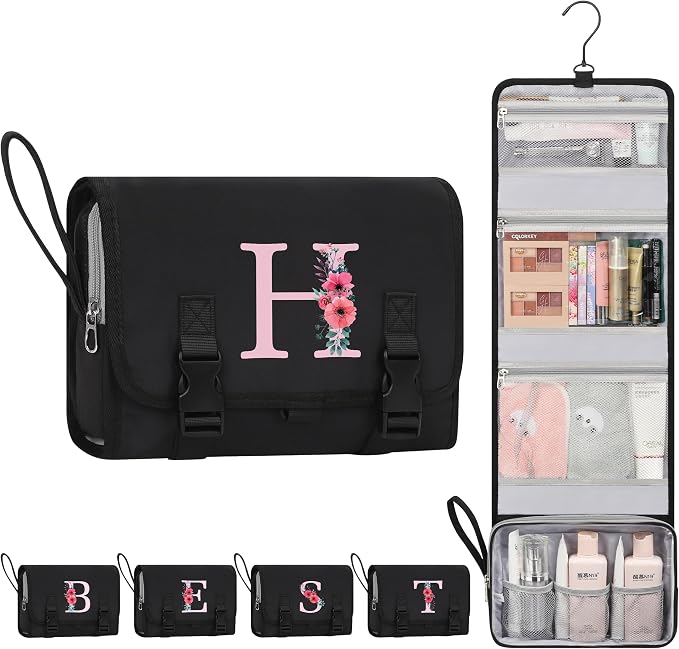 Relavel Travel Initial Makeup Bag for Teen Girls, Personalized Hanging Toiletry Bag for Women, Large Hanging Organizer for Travel-Sized Shampoo, Conditioner, Trendy Stuff for Trip - Black H