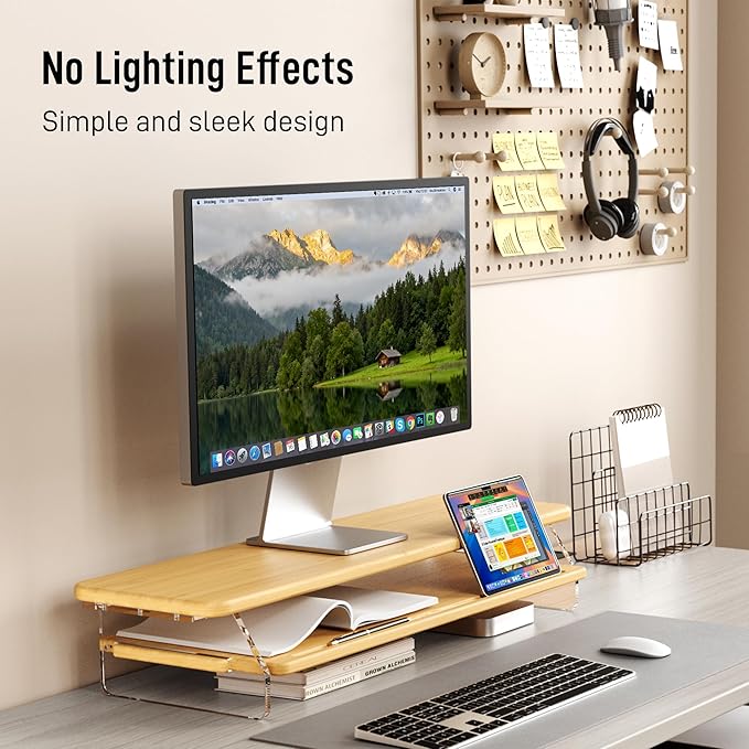 AFOOYO Bamboo Dual Monitor Stand Riser,31.5In 2 Tier Desk Organizer, Adjustable Arylic Feet Computer Monitor Stand, Desk Shelf for Office