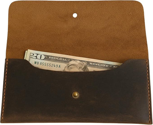 Leather Currency Pouch Large Flap Continental Wallet, Utility Organizer Bag for Cash Coins Travel Leather Money Pouch Envelope Storage Bag and Cash Organizer Men Women (Dark Brown)