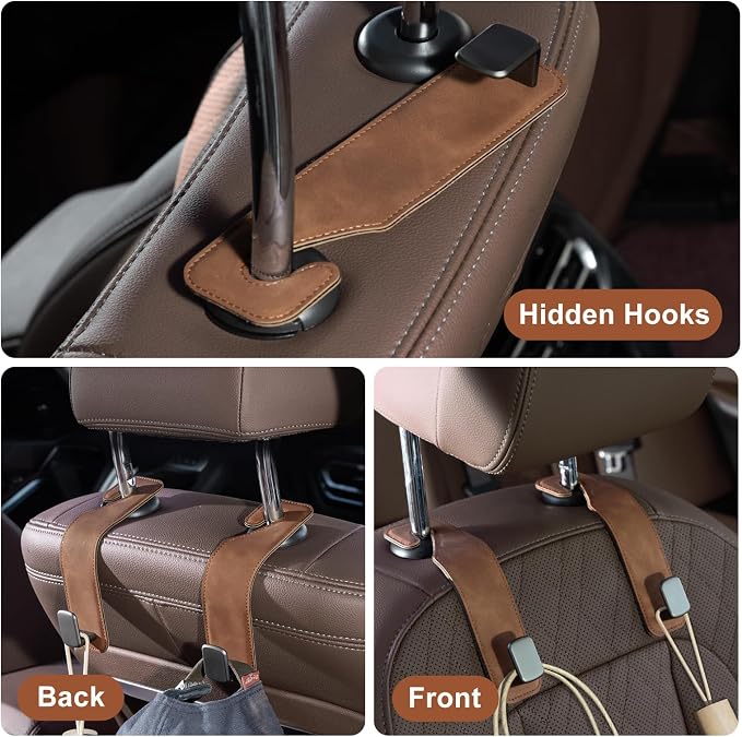 CoBak Headrest Hooks for Car - Universal Premium Stitched Leather and Aluminum-Magnesium Alloy Single Car Seat Back Storage Hook for Purses, Handbags, Bags (2 Pack),Brown