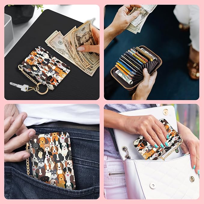 Blusabaca RFID Credit Card Holder Wallets for Women, Small Dog Puppy Card Case Wallet with Keychain and Zipper, Leather Card Holder Pocket Business Card Accordion Wallet