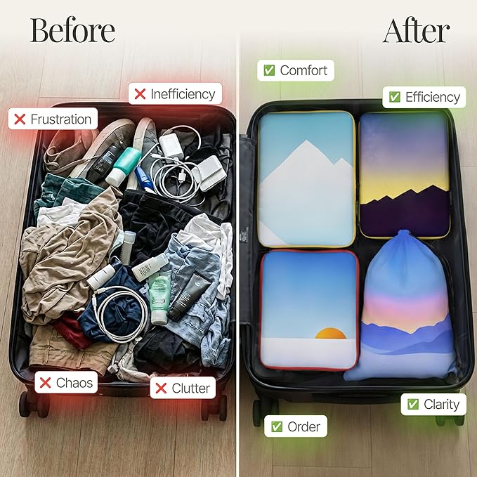 4-Piece Luxury Compression Packing Cubes & Bags for Travel – Maximize Space in Luggage with HybridMax Double-Capacity Design, 50 Luggage Tags, Patented Suitcase Organizer Bags, Lifetime Satisfaction