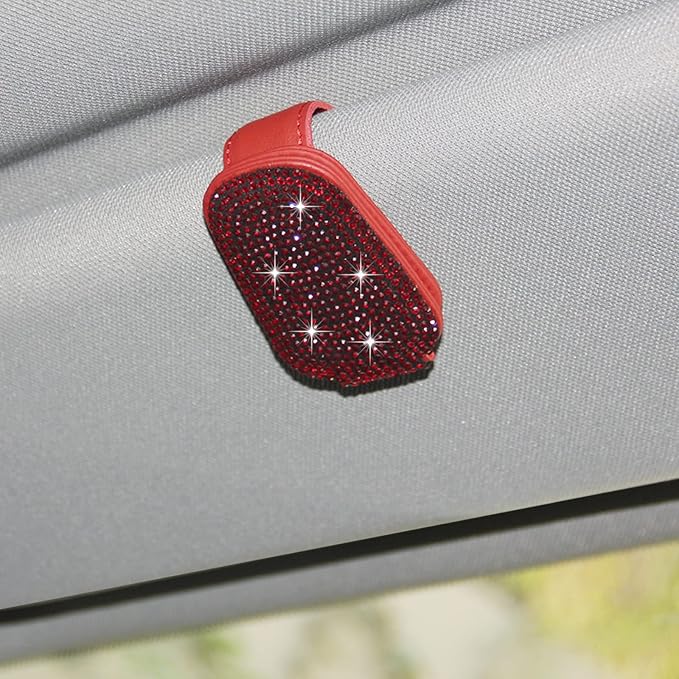ACODABLEM Bling Car Glass Holder Sun Visor, Bling Crystal Rhinestone Sunglasses Magnetic Holder Mount Universal Eyeglasses Hanger Clip, Ticket Card Clip for Car, Car Sun Visor Accessories (Red)