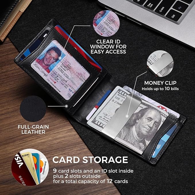 Zitahli Genuine Leather Wallet for Men 12 Card Slim Mens Wallets Bifold RFID Blocking with Money Clip & ID Window Thin Minimalist Card Holder Wallet with Gift Box