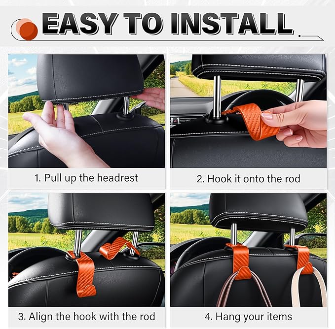 SINGARO Universal 2 Pack Car Seat Headrest Purse Hook, Carbon Fiber Back Seat Hook Storage Organizer Hanger for Purse Handbag Coat, Car Interior Accessories(Orange)