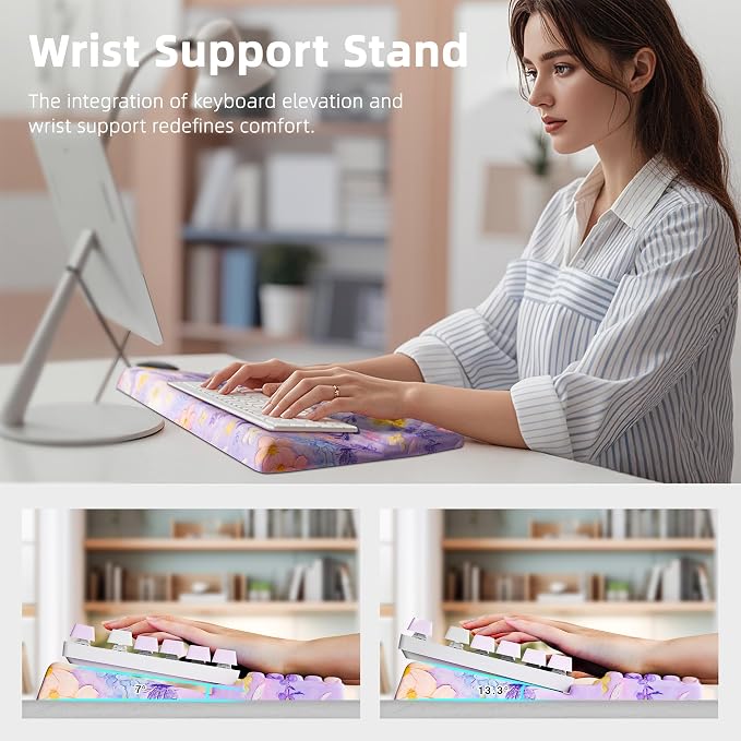 Ospelelf Keyboard Wrist Rest, Ergonomic Memory Foam Wrist Support for Typing & Gaming, Tilted Keyboard Stand Pad, Relief for Wrist Pain, Aesthetic Desk Accessories for Office, Purple Flower